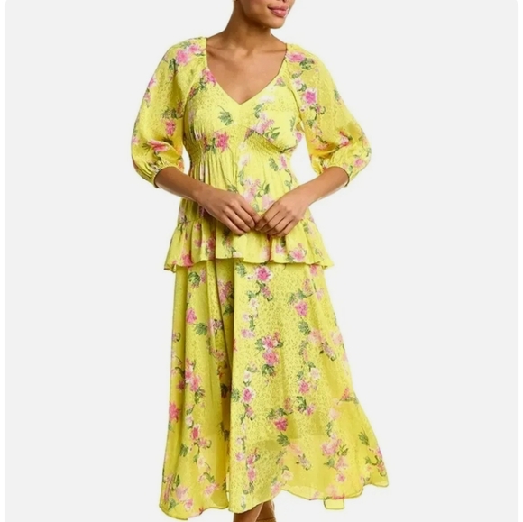 Taylor Dresses & Skirts - Taylor Yellow Floral Print V-Neck Maxi Dress